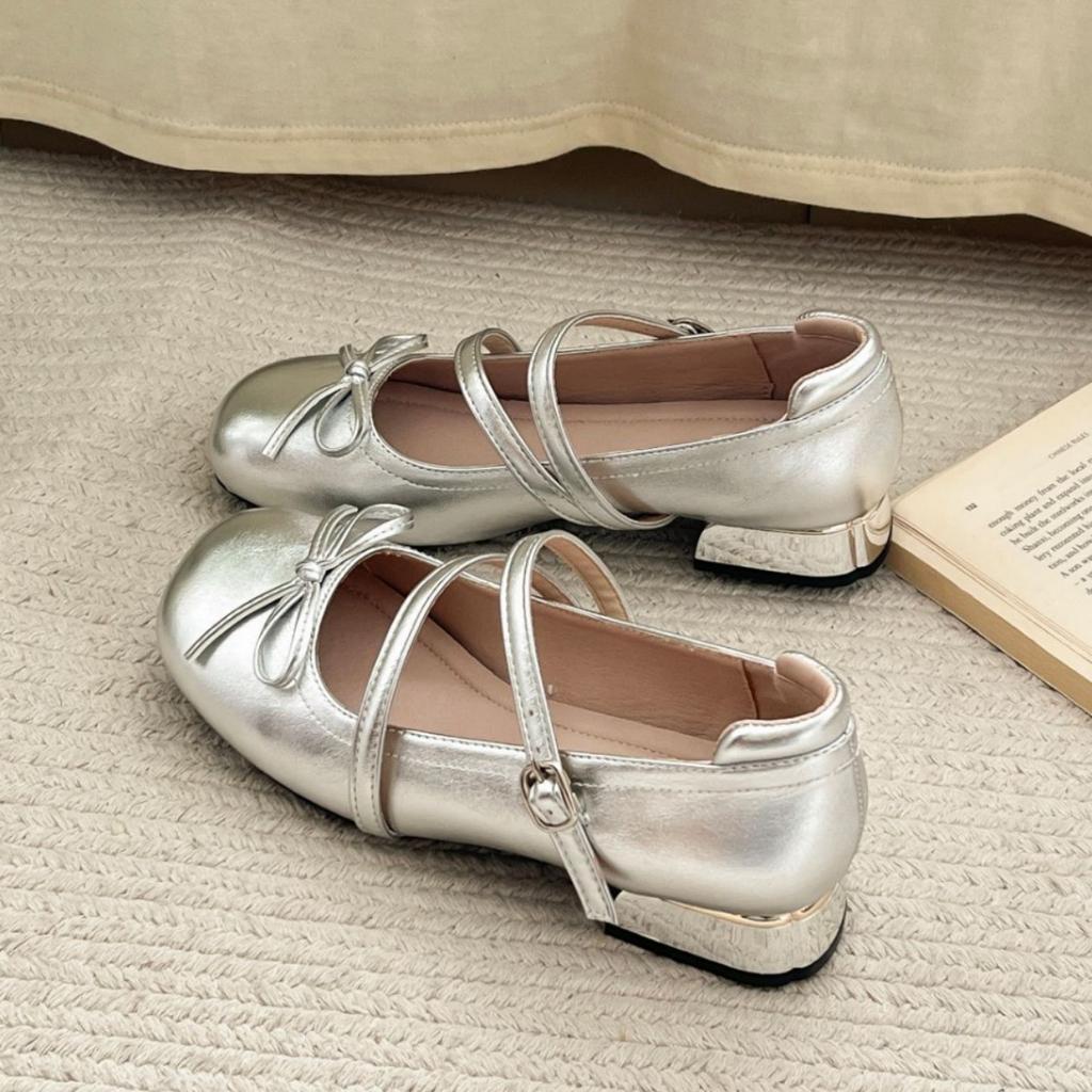 Round Head Bow Silver Small Leather Shoes Women's 2025 Summer New French with Skirt Mary Jane Shoes Thick Heel Single Shoes