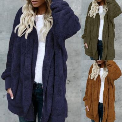 Women Solid Color Plush Faux Fur Warm Long Sleeve Hooded Midi Coat
