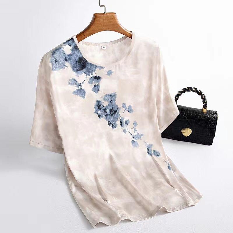 

Футболка с короткими рукавами Ice Silk, женская летняя футболка с принтом, топ больших размеров 4XL бежевый