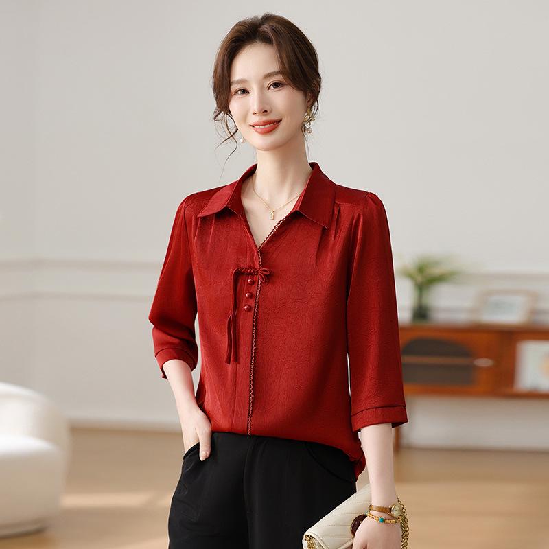 Mom s Stylish Chinese Seven-Sleeve Loose Top for Middle-Aged Women 2XL красный