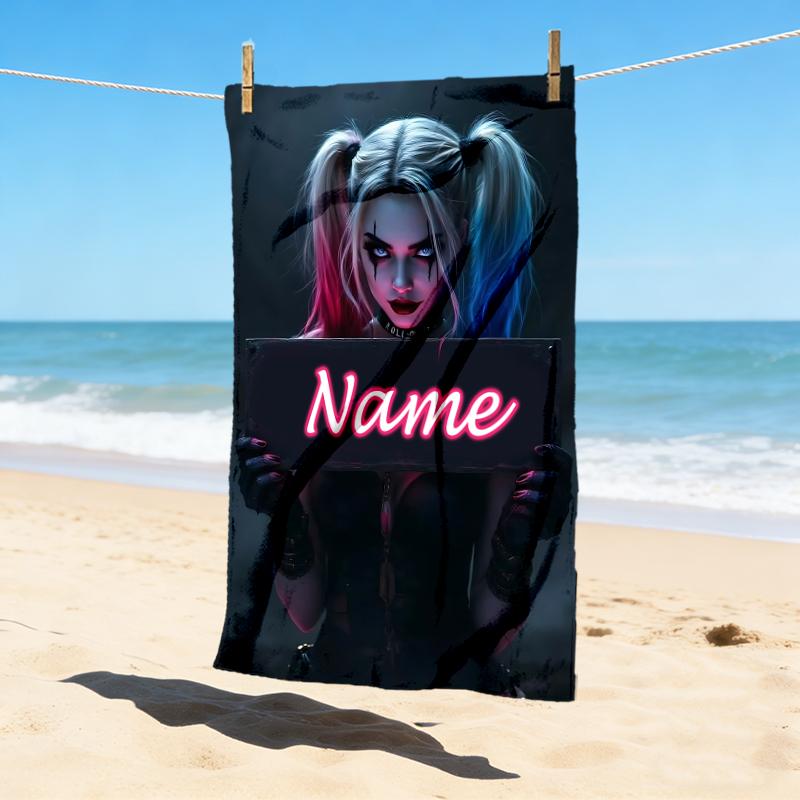 Custom Name Harley Quinn Art Stylish Digital Printing Beach Towel Quick‑Drying Absorbent Blanket for Beach Pool Gym Travel