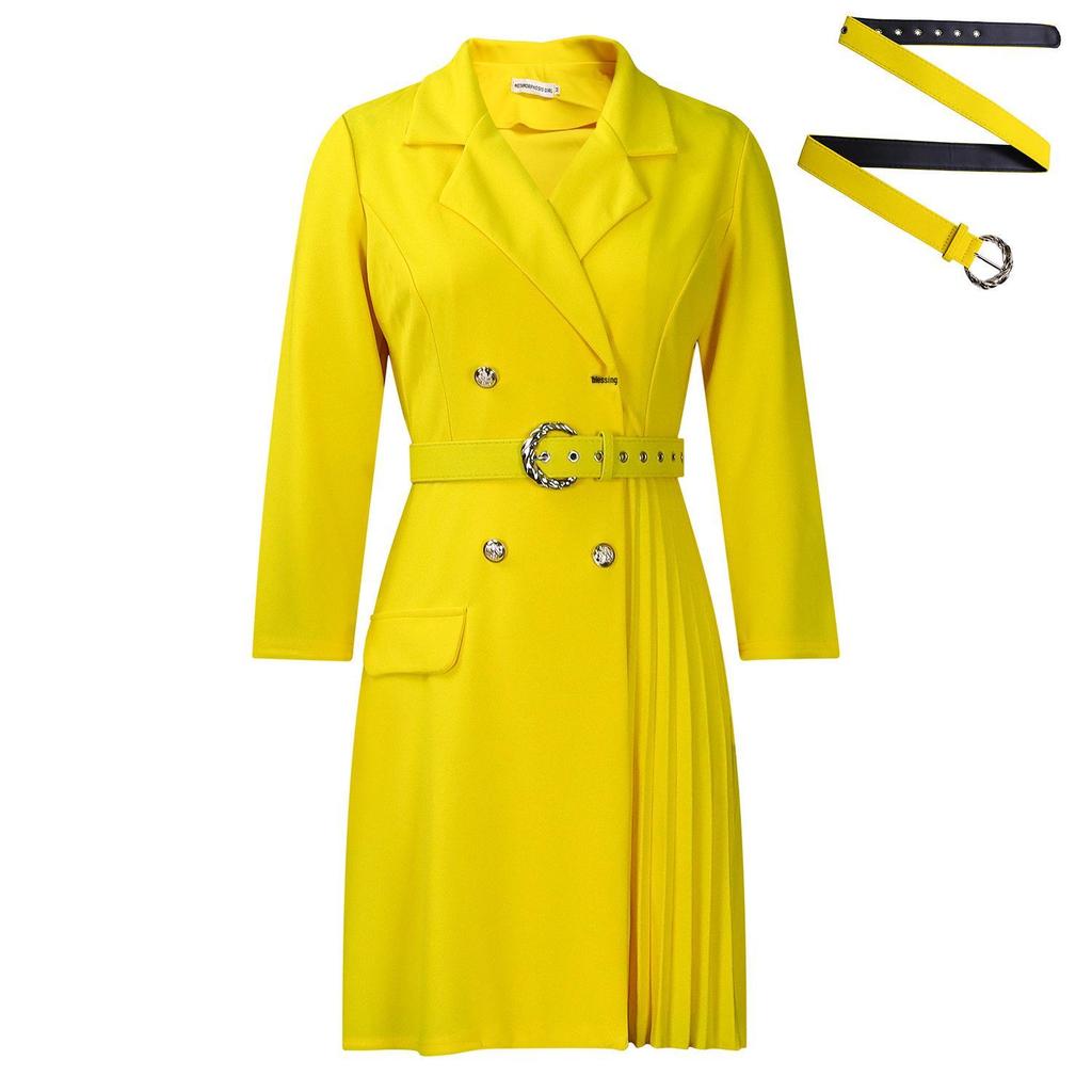 High Waist Slimming Pleated Mid-Length Suit Dress D3284