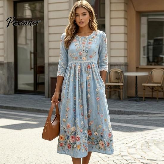 Fashionable Vacation Dresses for Ladies Long Sleeve Floral Dress, Women Cottagecore Waist Cinching Casual Autumn with Sleeves Midi Dress Street Party