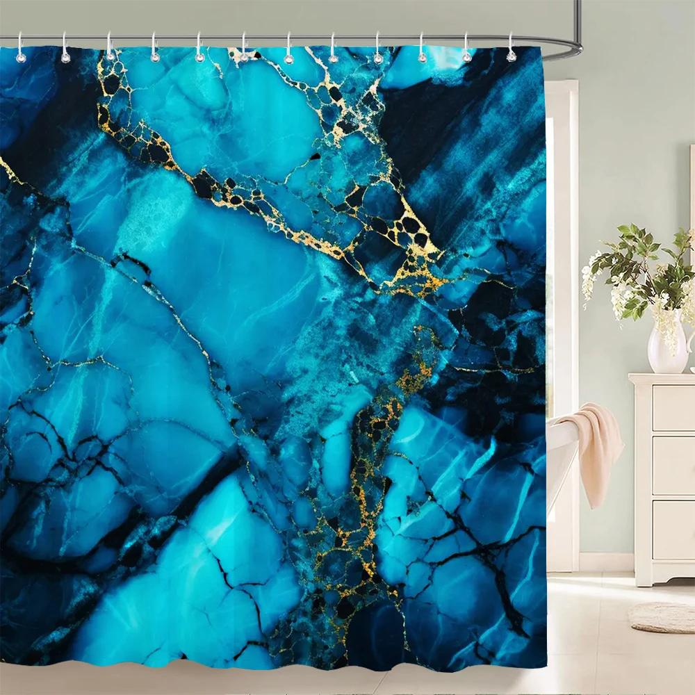 Blue Gold Marble Ink Texture Shower Curtain Abstract Modern Shower Curtain for Bathroom Decor with Hooks 3D Bathroom Screen