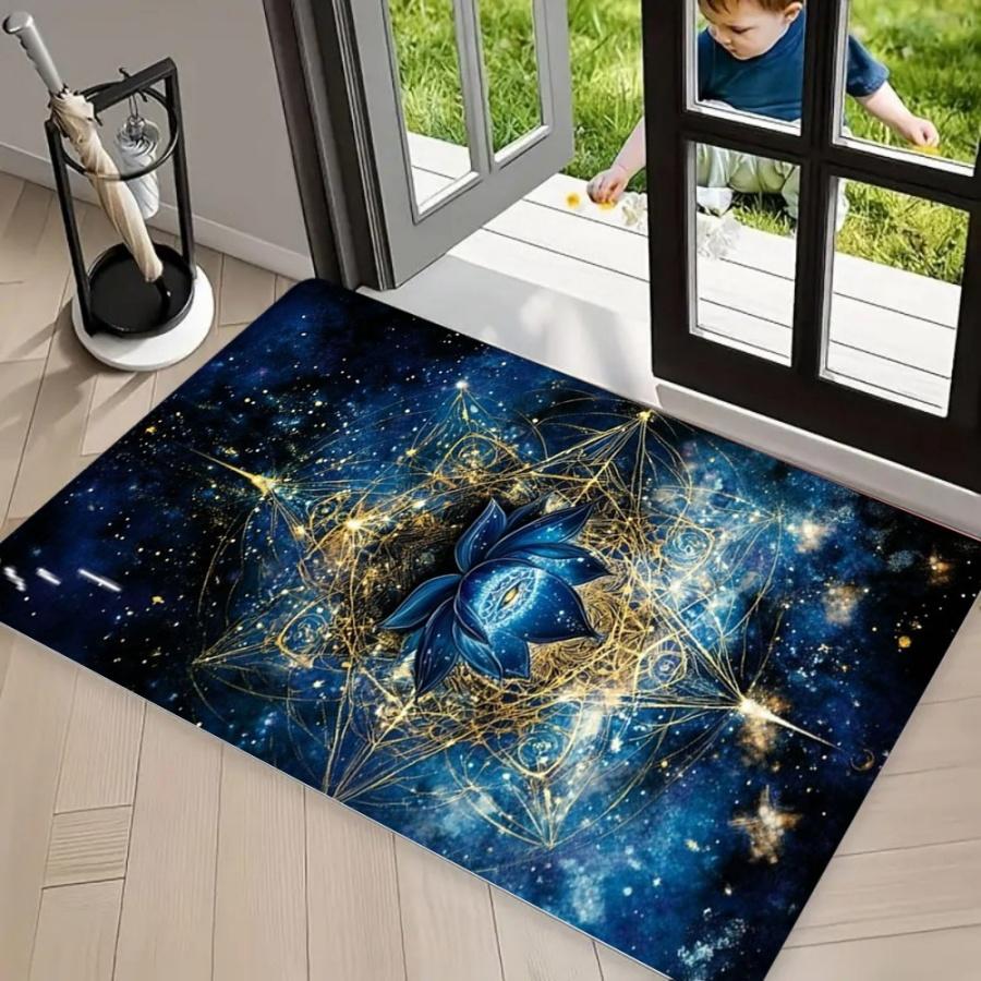 Boho Celestial Moon Phase Area Rug Carpet, Non Slip Floor Mat, Dark Night Sky with Floral Lunar Cycle Print Washable Doormat