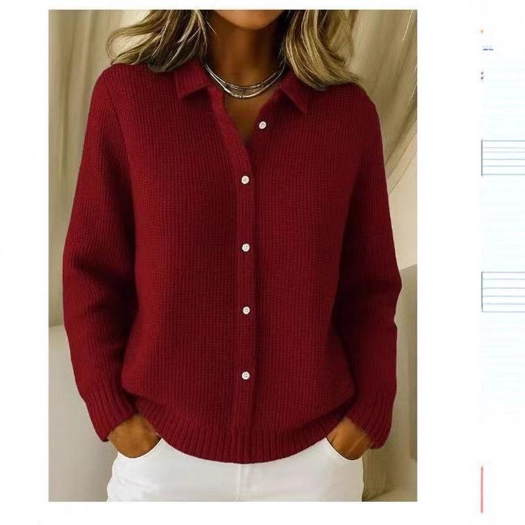 Women's Solid Color Casual Fashion Button Knitted Long Sleeve Lapel Sweater Cardigan Jacket