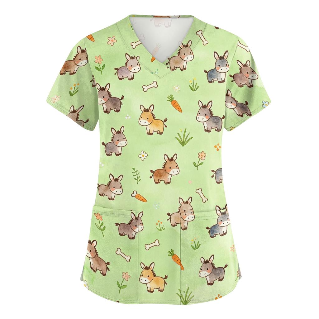 Top da Lavoro da Donna con Scollo a V e Maniche Corte con Tasche, Stampa Animalier, Camice Medico per Professionisti Sanitari, Uniforme da Infermiere