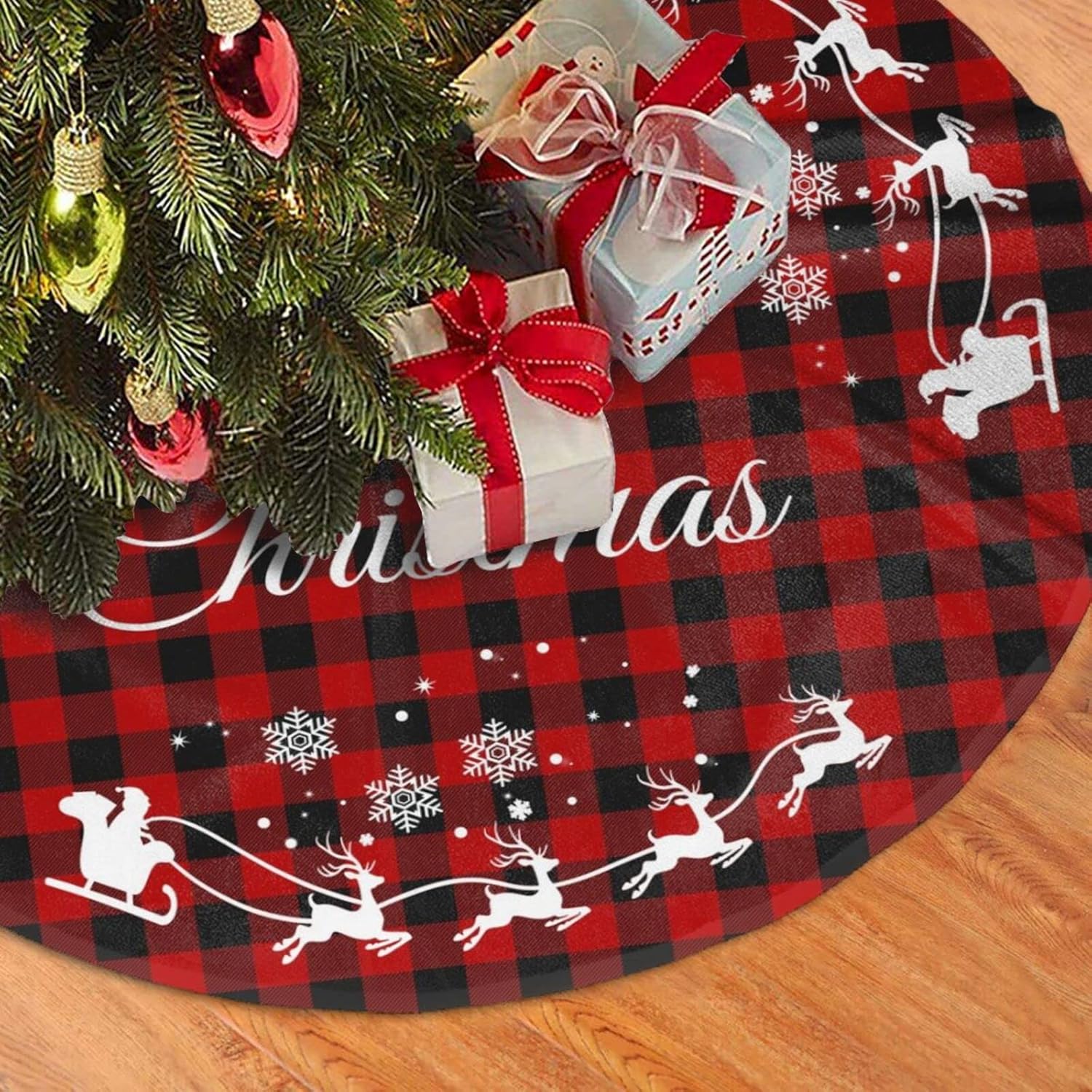 Buffalo Plaid Christmas Tree Skirt 36 inch, Santa Xmas Tree Skirt Mat with Reindeer Snowflake, Red Tree Skirts for Artificial Trees Merry Christmas