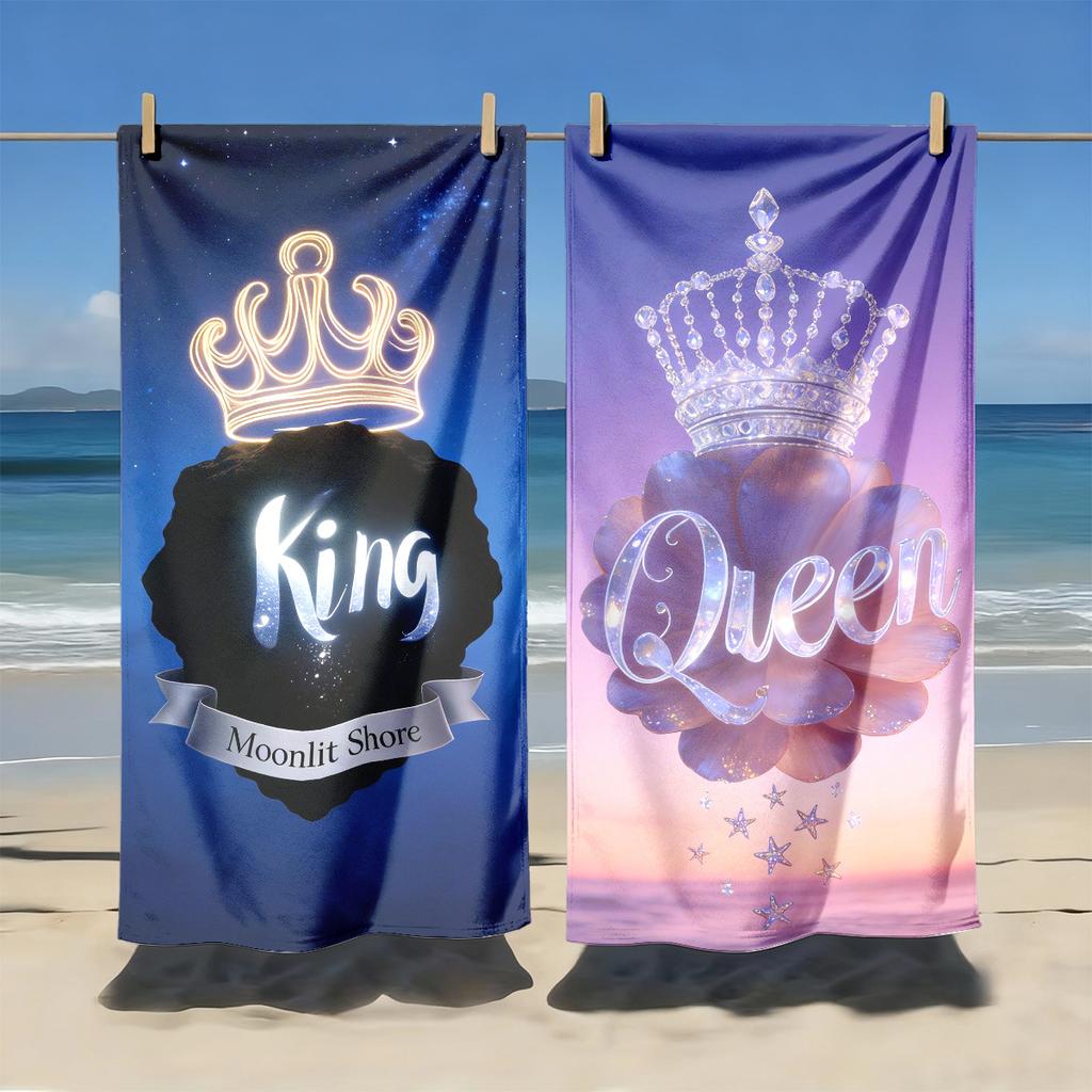 2Pcs Couple Matching King & Queen Beach Towels, Luxury Romantic Vacation Beach Towel Sets For Him And Her