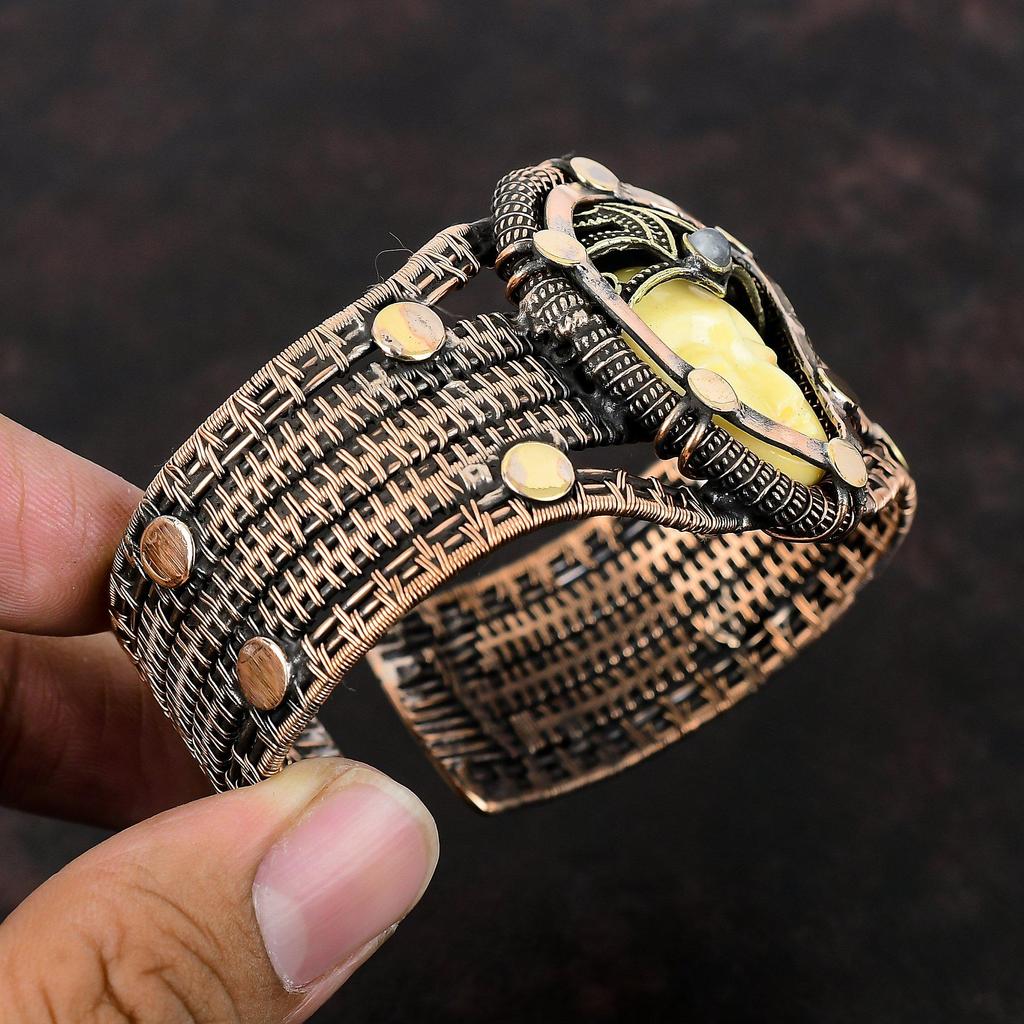 White Carved Bone Face Cuff Bracelet Copper Wire Wrapped Gemstone Bangle Adjustable Cuff Bracelet Moonstone Bangle Handmade Copper Jewelry