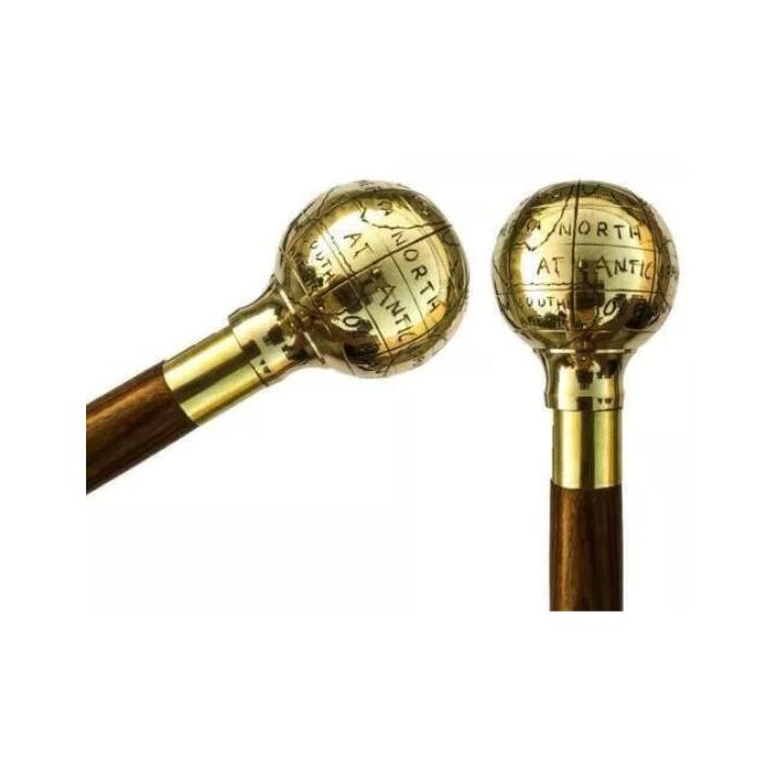 Vintage Antique Wooden Walking Stick Cane Victorian Brass Globe Head Handle Gift