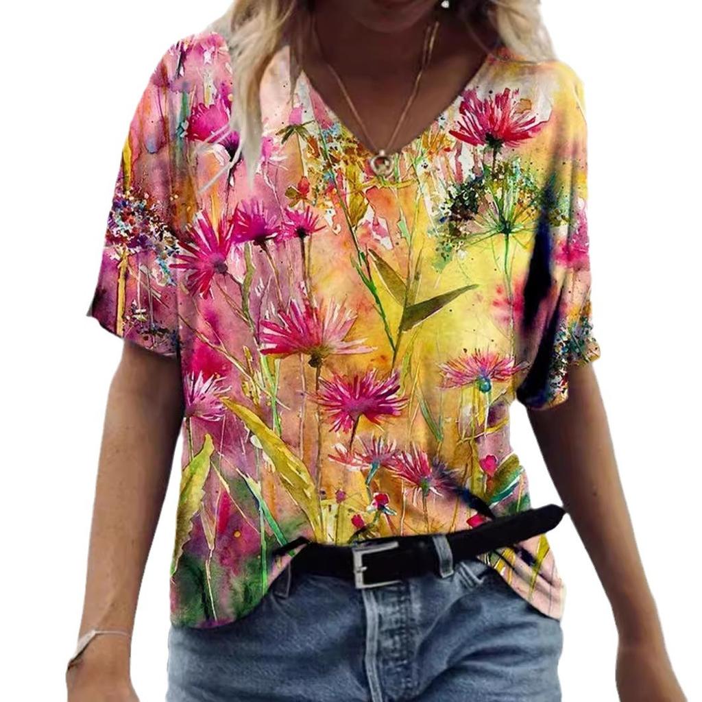 Sommer Graffiti Blume 3D-gedrucktes Kurzarm Damen V-Ausschnitt Buntes Lässiges Vielseitiges T-Shirt