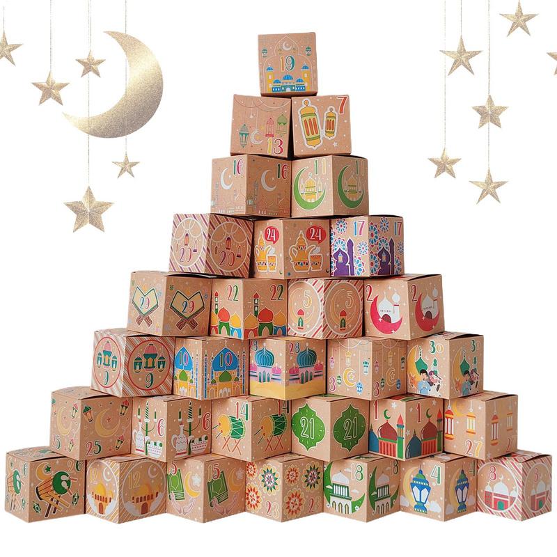 30Pcs Eid Mubarak Candy Gift Box Ramadan Kareem Advent Calendar Decoration Paper Candy Boxes Muslim Islamic Home Party Supplies