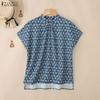 Women Casual Stand Collar Summer Short Sleeve Print Blouse