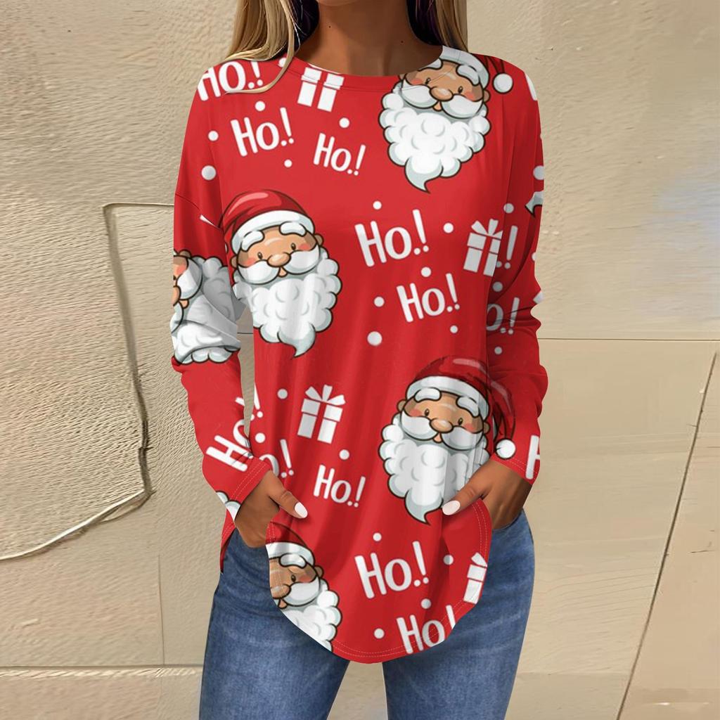 Marškinėliai moterims Rudeniniai laisvalaikio marškinėliai ilgomis rankovėmis Retro spausdinti megztiniai Kalėdų vakarėlio viršutiniai megztiniai