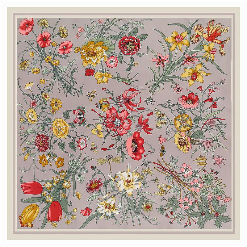 POBING Twill Silk Scarf Women Flowers Print Square Scarves Large Bandana Luxury Kerchief Hijab Scarf Female Foulards 130CM