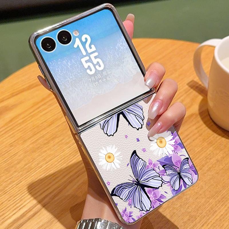 Purple Butterfly PU Leather Phone Case For Samsung Galaxy Z Flip7 FE Flip6 Flip 7 6 5 5G Silver Plating Frame Hard Folding Cover