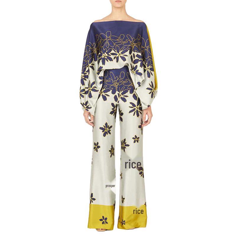 D9713 Women's Casual Satin Print One-Shoulder Top & Long Pants Two-Piece Set