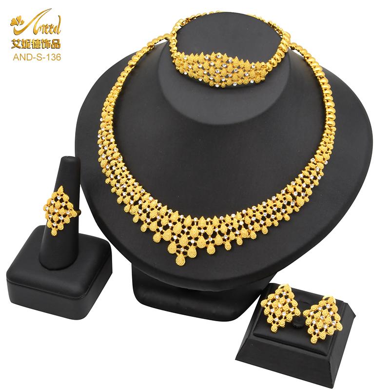 ANIID Dubai Schmucksets für Damen Mode Nigerianische Halskette Ohrringe 24K Goldfarbe Hochzeitsarmbänder Indische Ringe Braut