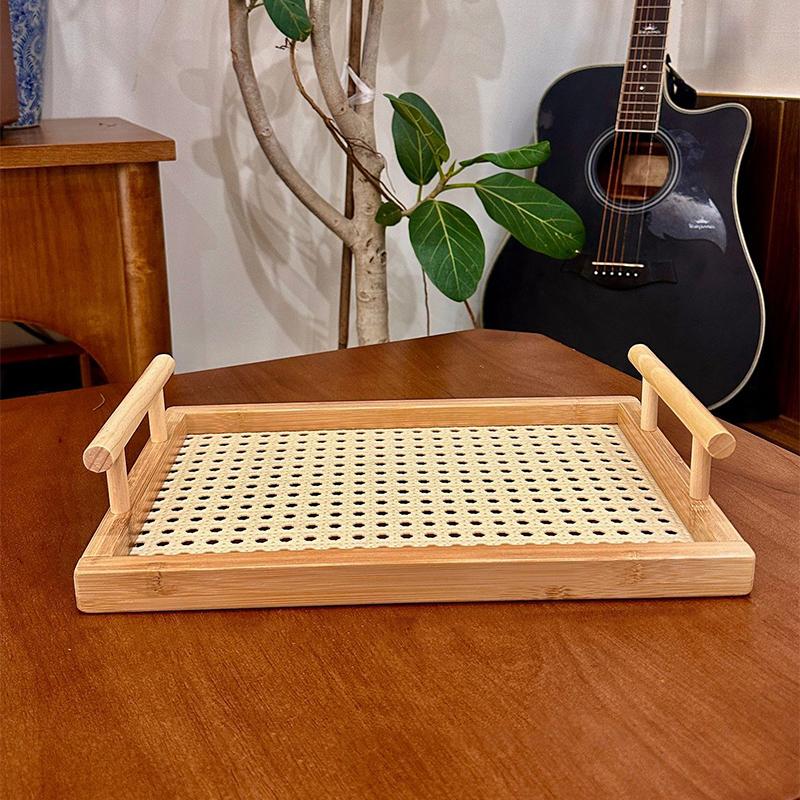 1PC Eco-Friendly Minimalist Tableware Handled Tray Natural Bamboo Serving Tray Modern Kitchen Tray Home Decor