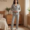 Damen Rippstrick Schlafanzug Lässiger Hausanzug Anzug Gestrickter Rippen Langarm Hose Zweiteiliges Set