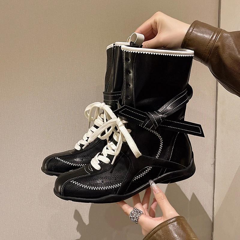 Luxury Vintage Booster Boots Women's Fall Autumn Winter Boxing Frosted Leather Lace-up Ankle Boots Zapatos De Mujer Hot Selling