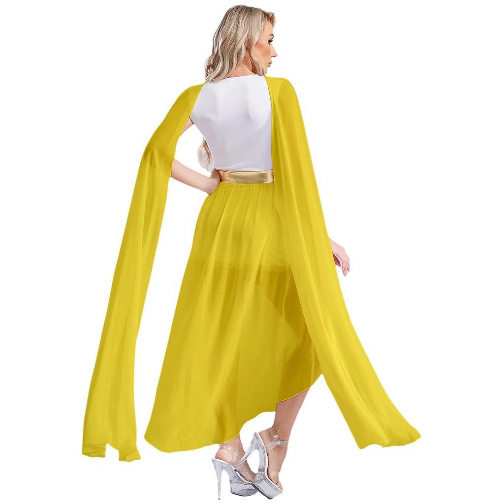 Womens Greek Princess Costume V Neck Cape Sleeve Design Sequin Trim Front Split Dress Queen Cosplay Halloween Party