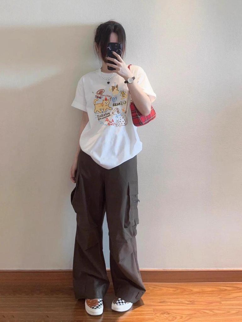 Amerikanischer Cartoon-Print Übergröße Damen Sommer Kurzarm Locker Lässiges T-Shirt