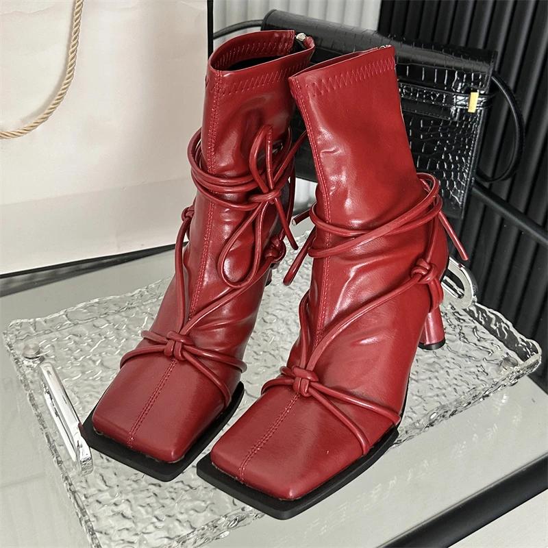 Spring Autumn Design Cross- Strap Women Ankle Boots Punk Style Square Toe High Heels Zipper Booties Shoes