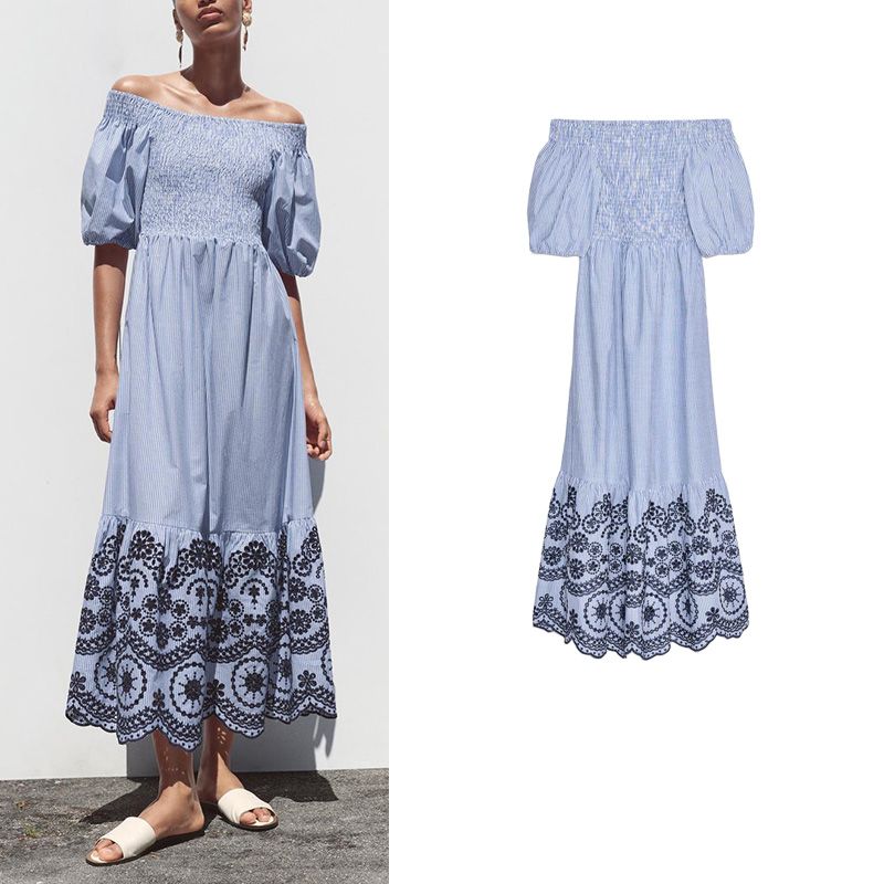 Summer Women Clothes Honeycomb Lattice Elastic Design Embroidery Stripe off-the-Shoulder Straight Collar Midi Dress 3295889