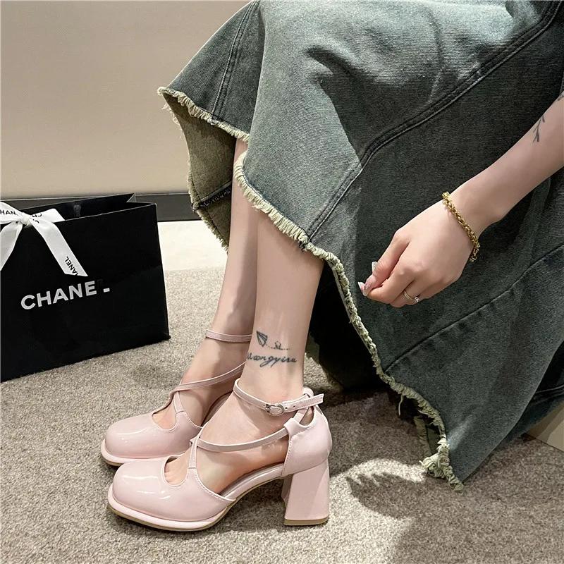 Fashion Buckle Strap Cross Low Sandals Woman Leather Suit Female Beige High Heels 2025 Summer  Shoes Low-heeled Black Comfort Hig