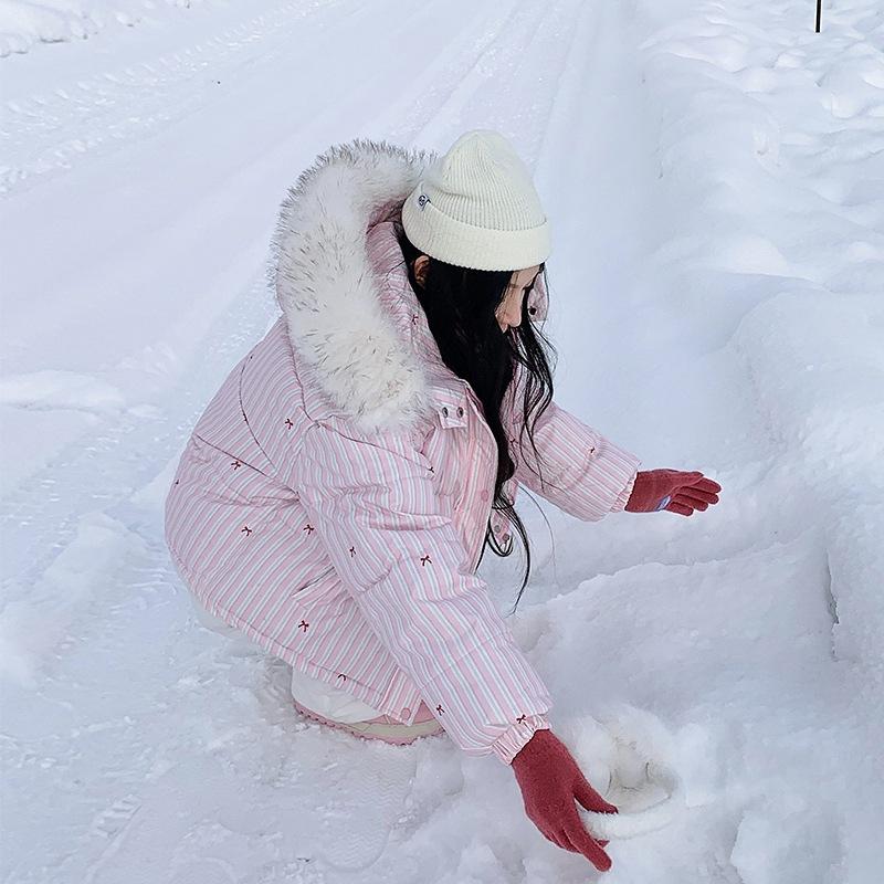 Y2K Womens Winter Clothes Warm Trench Coat Bow Fashion Simple Stripe Plush Sportswear Retro Sweet Loose Short Jacket