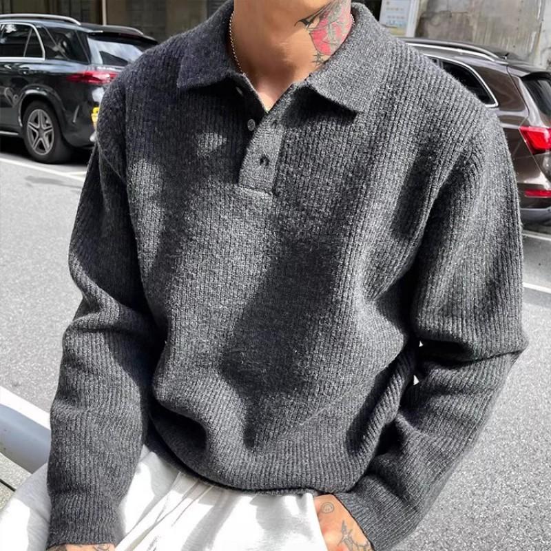 Mens Gray Collared Long Sleeve Knit Polo Sweater Loose Casual Old Money Style Fall Winter