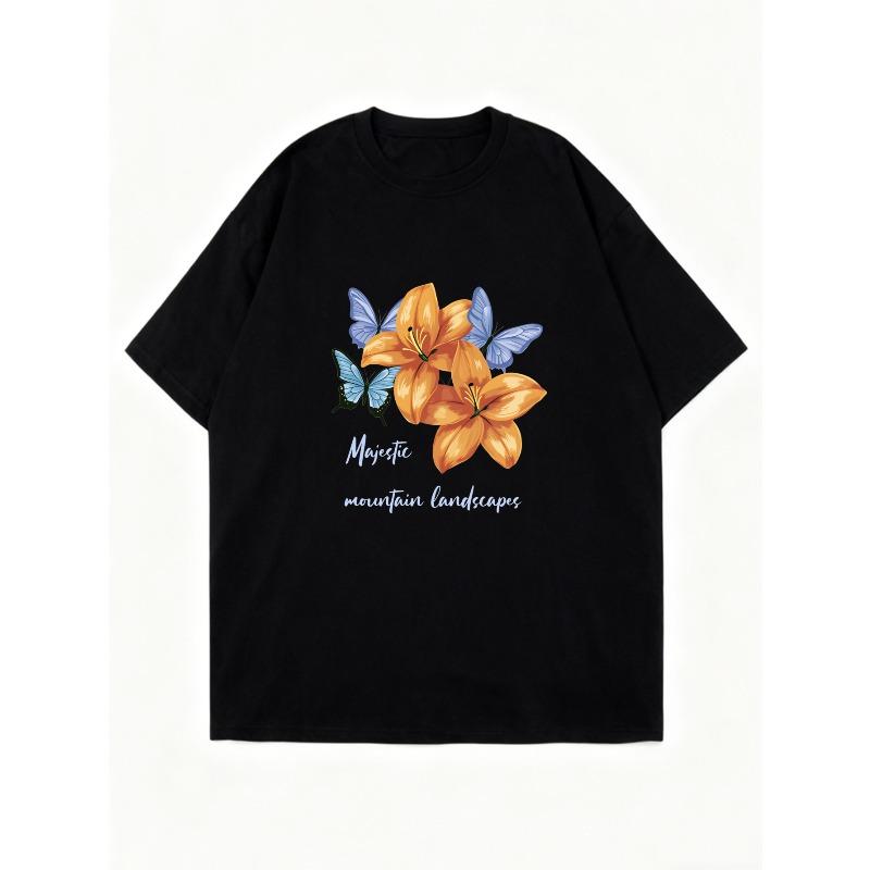Oversized T Shirt Black Floral And Butterfly Print With Majestic Mountain Landscapes Text Casual Everyday Wear