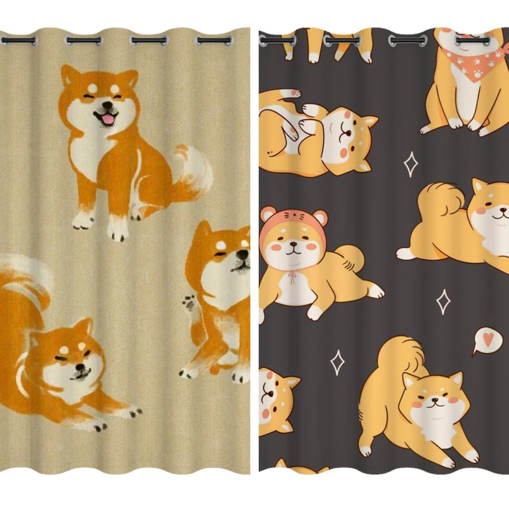 Cute Cartoon Shiba Inu Floor-to-ceiling Window Bay Window Curtains for Children's Bedroom Room High Blackout Curtain Punch Hook