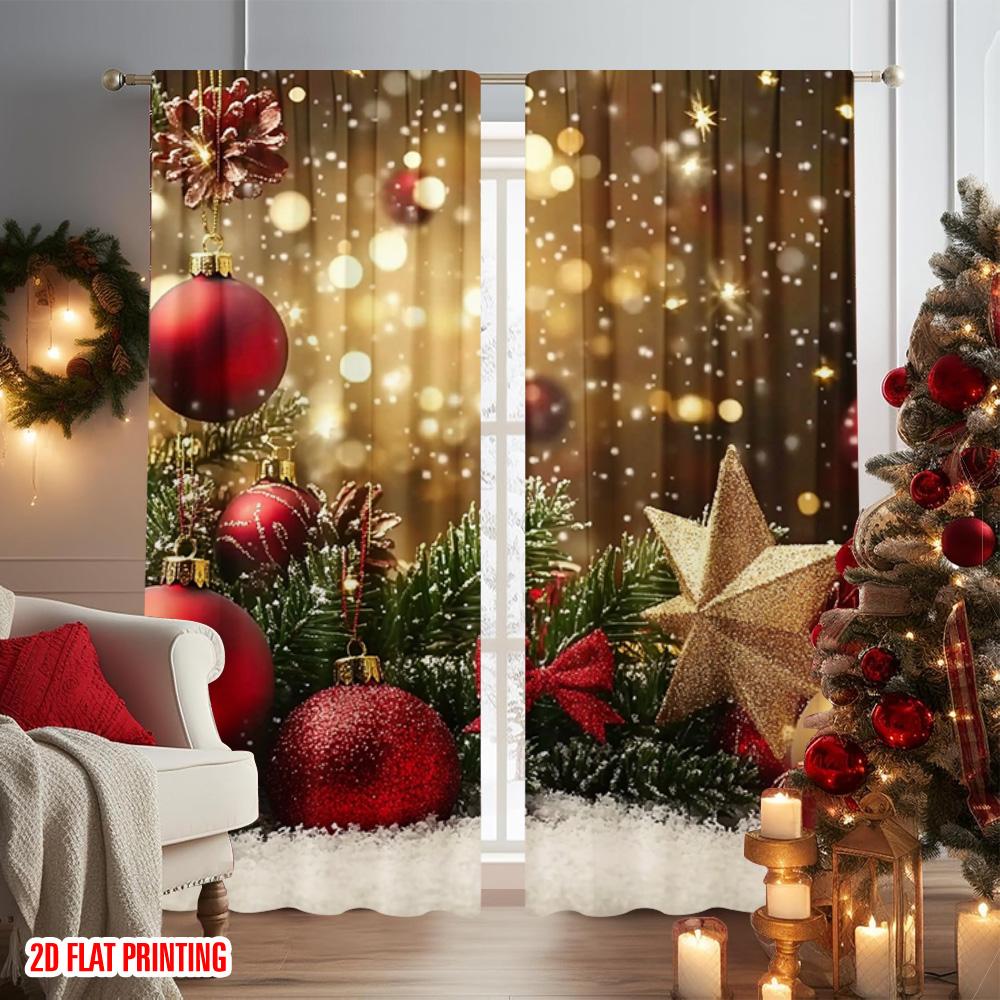 2pcs 2D flat printing Merry Christmas Popular Curtains snowflake pine branch Fabric Without Electricity Holiday Decorations Use