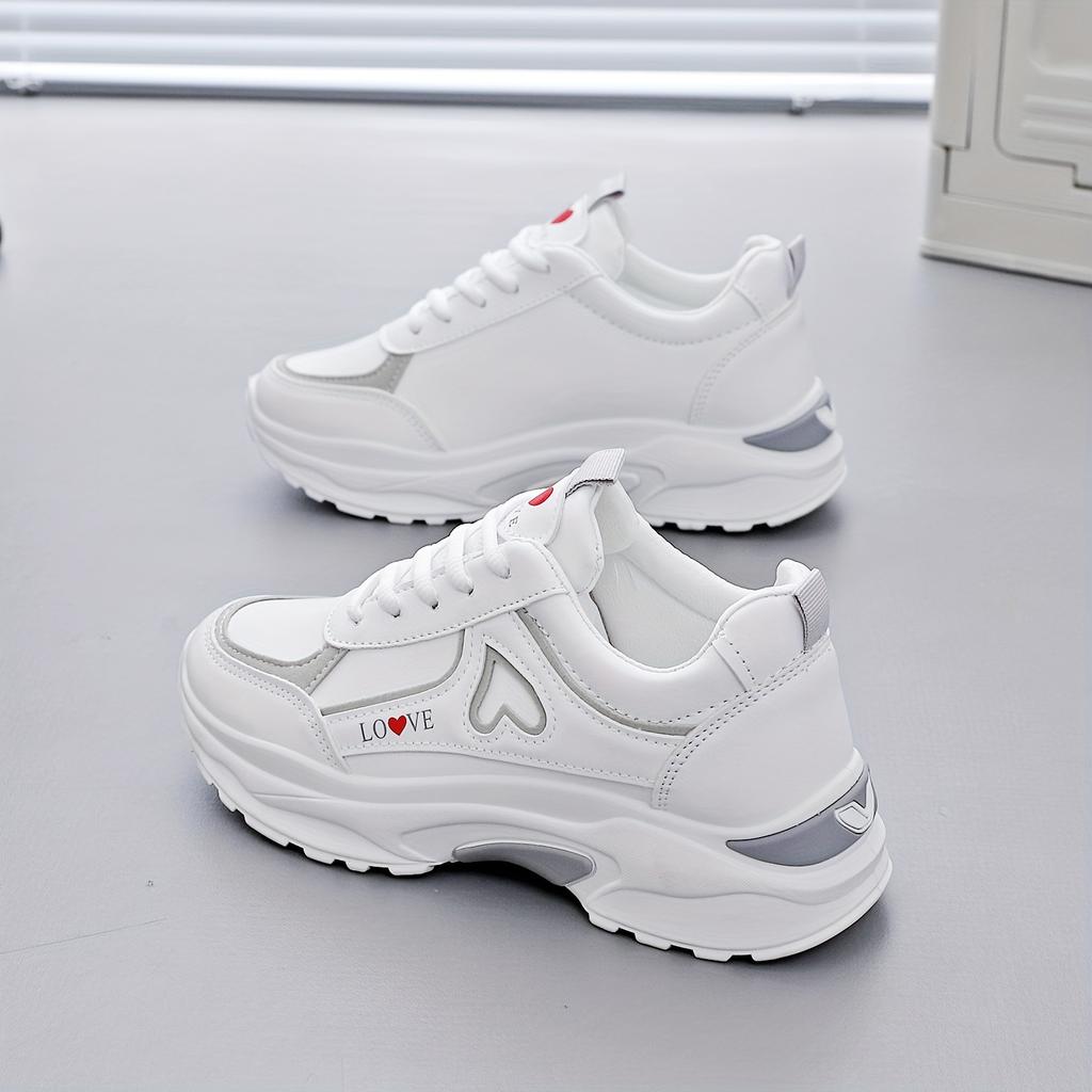 Women's Breathable Mesh & Synthetic Low-Top Sneakers | 2025 White & Black Casual Running Shoes with Red Heart Accent, Round Toe Design, TPU Sole