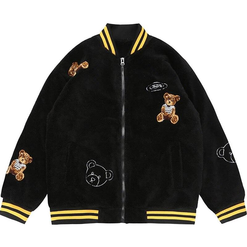 

Bear Embroidery Lambwool Winter Coat Men Hairy Thick Loose Parkas Couple Hip Hop Contrasting Colors Zipper Keep Warm Streetwear