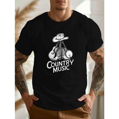 Cowboy Guitar Country Music Elements Men's Casual Grew Neck Short Sleeve T-Shirt for Summer, PLUS SIZE