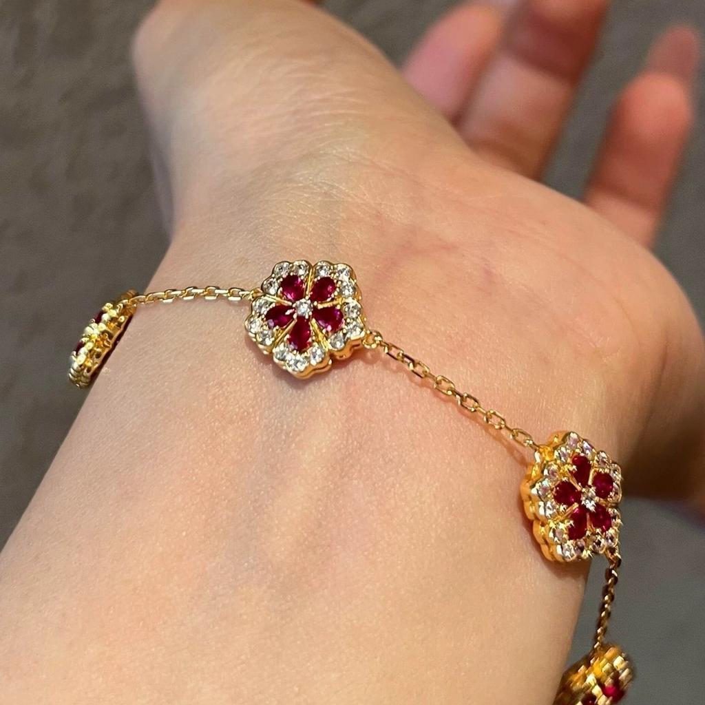 Super White! New Chinese National Style Red Diamond Peony Flower Bracelet Exquisite Heavy Industry Advanced Sense Niche Personality Jewelry Women