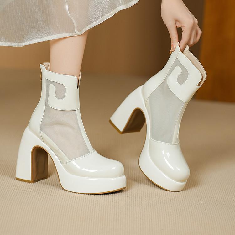 Small super high heel waterproof mesh cool boots women's 2025 summer new patent leather thick heel thick bottom breathable mesh boots