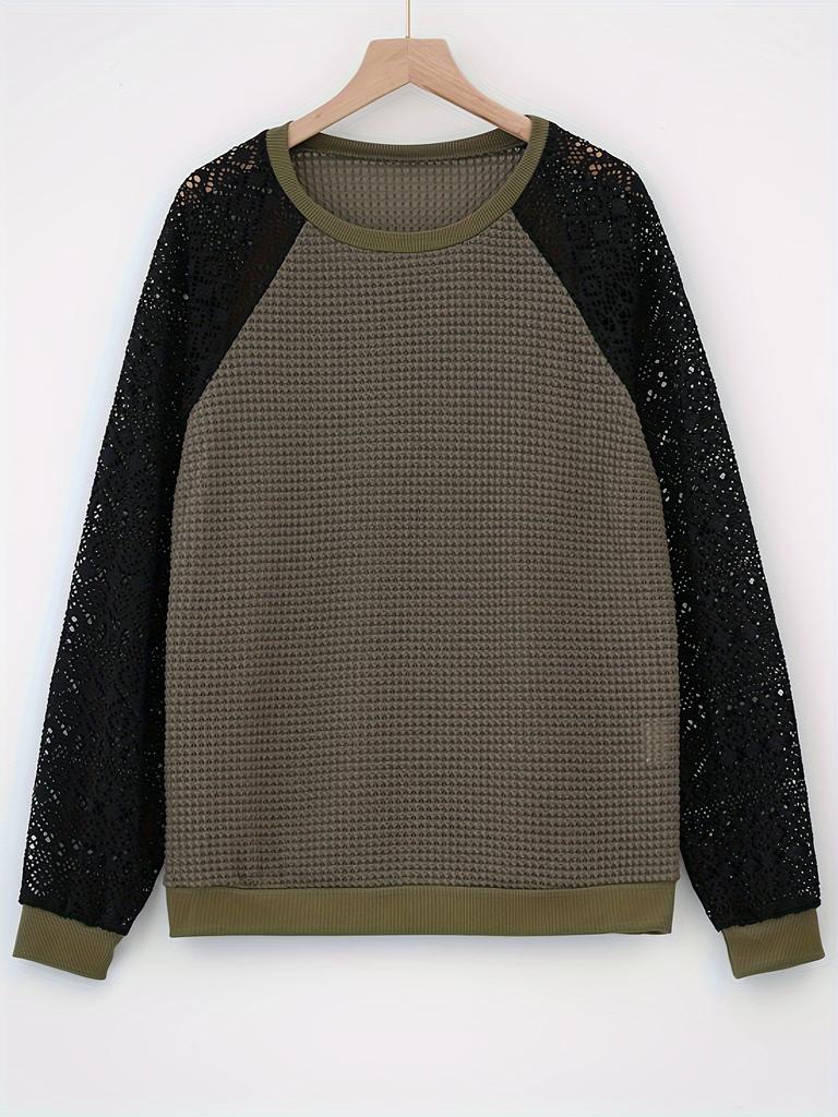 European and American new solid color lace long-sleeved hollow round neck casual women's T-shirt top