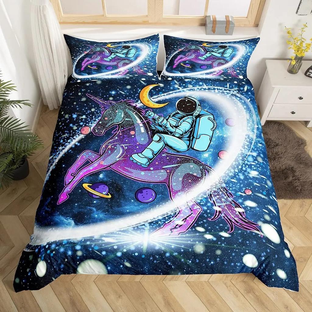 Cartoon Astronaut Duvet Cover Set Moon Clouds Starry Sky Quilt Cover Microfiber Galaxy Bedding Set Twin King For Boys Girls Gift