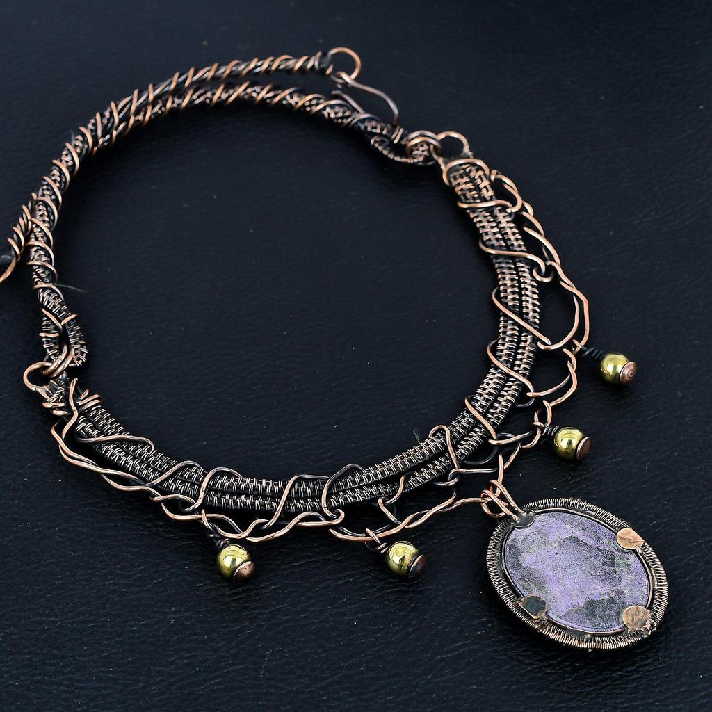 Purpurite 999 Copper Wire Wrapped Necklace, Handmade Gemstone Jewelry Necklace For Memorial Day