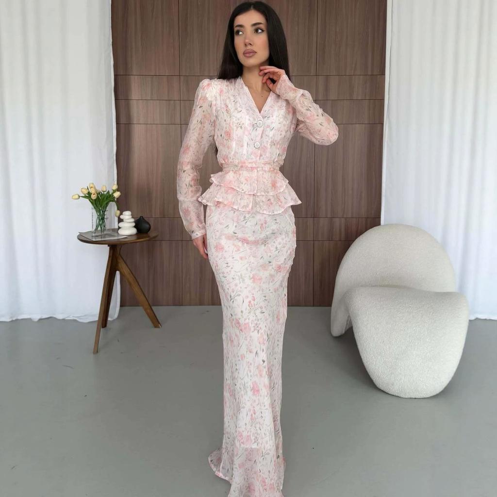 Cross-border European Beautiful Woman Floral V-neck Lace-up Waist Ruffle Edge Long-sleeved Top A Word Casual Skirt Set