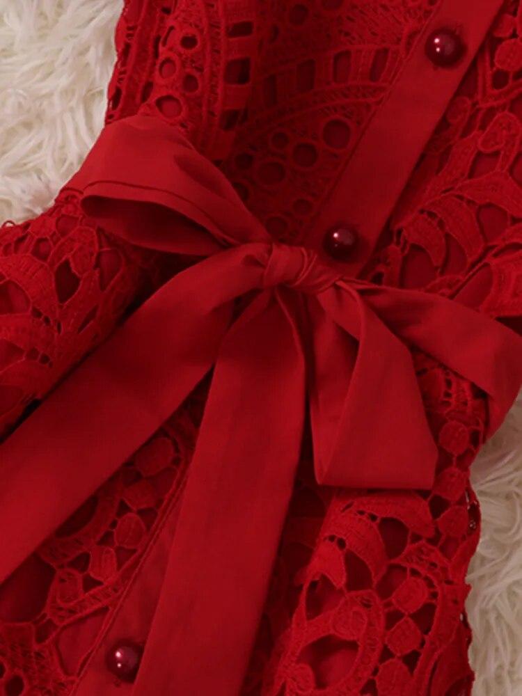 French Stylish Hollow Out Lace Dress Women Elegant Solid Open Stitch Lace-up Evening Dress 2024 New Tide Summer