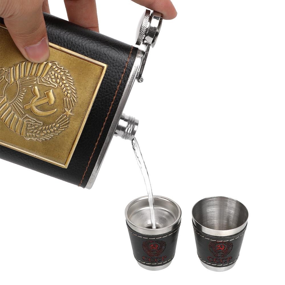 Whisky Vodka Bottle Kit Hip Flasks Drinkware 8oz Stainless Steel with Cups Funnel Anti Slip Portable CCCP Pattern Alcohol Wine Container