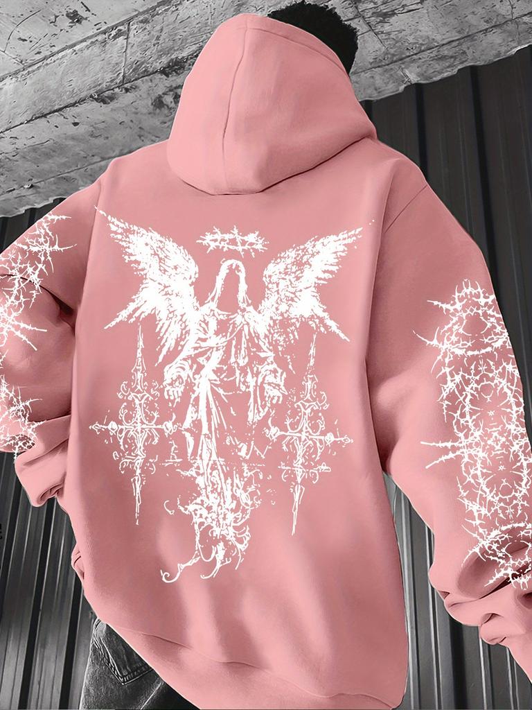 Angel-themed graffiti thorn print street hip-hop punk style hooded sweatshirt, regular fit men's sweatshirt, suitable for everyday wear.
