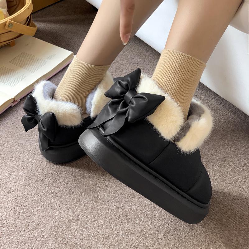 Damen Schleife Baumwollpantoffeln - Herbst/Winter Dicke Sohle Rutschfest Fersenbedeckend; Indoor Postpartum Warm Velvet.