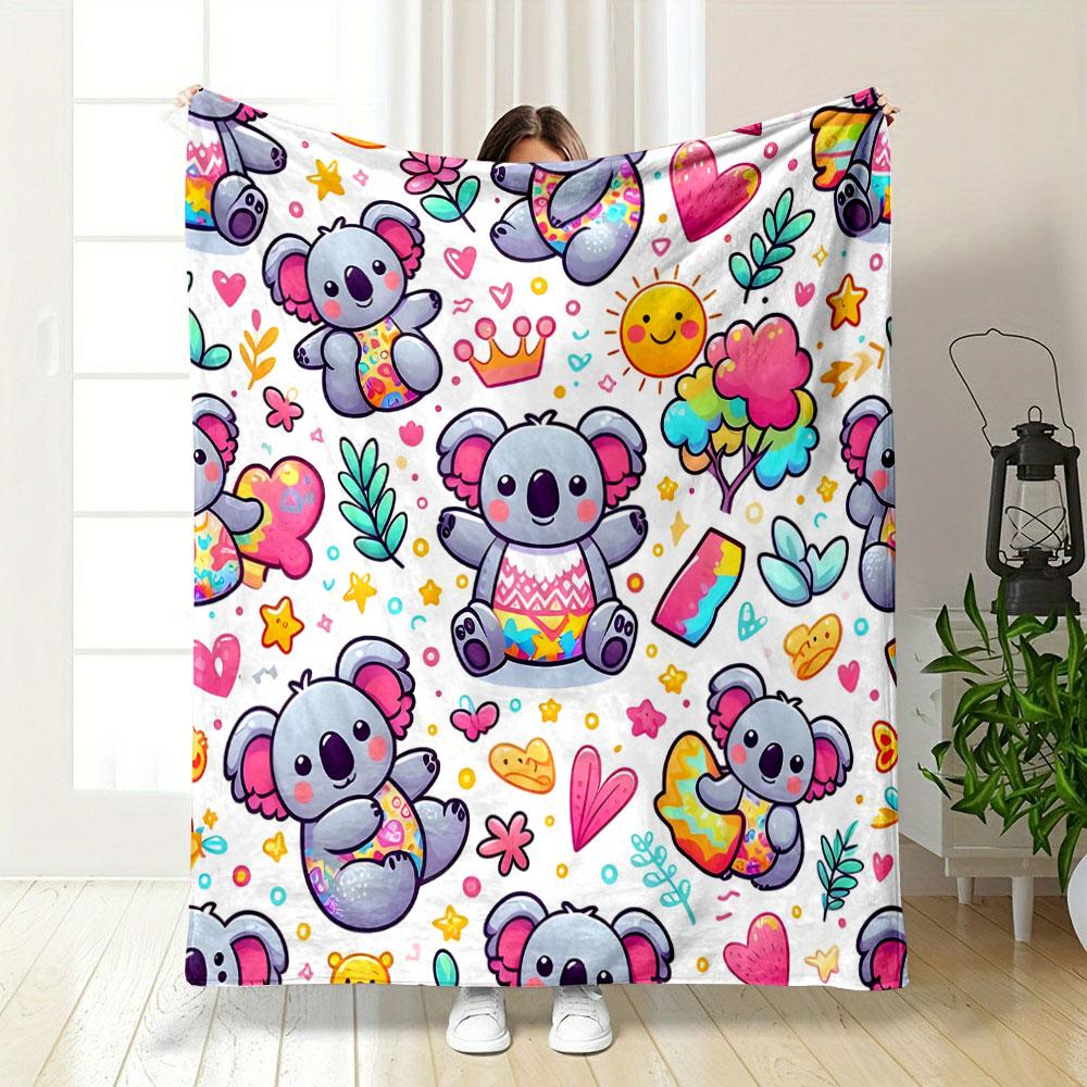 Cute Koalas with Colorful Patterns Patterned blanket, flannel, suitable for all seasons, home decor, warm and cozy